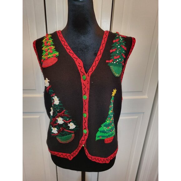 Vintage 90s/Y2K Black Christmas Tree Vest Beaded Bows MP Glam Retro Festive - Picture 1 of 8